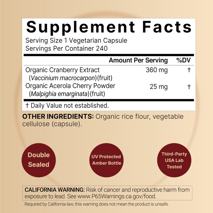NatureBell Cranberry Concentrate - 240 Capsules - Organic Cranberry Concentrate with Acerola Cherry - Urinary Tract & Prostate Support* - Vegetarian