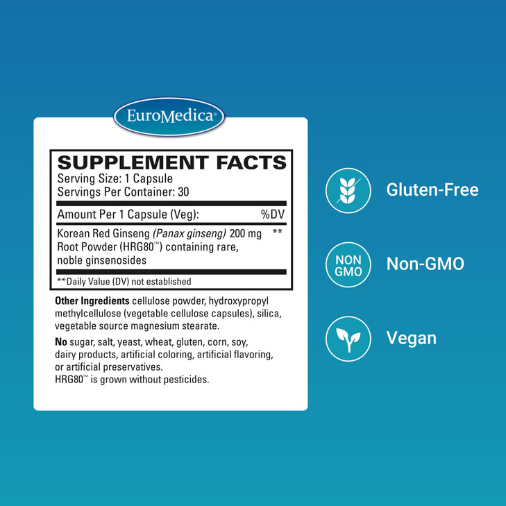 EuroMedica Red Ginseng Energy - Supplement to Support Healthy Energy & Focus - Herbal Supplement with Korean Red Ginseng Root Powder - Vegan Tablets