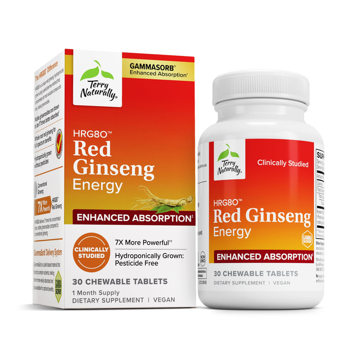 Terry Naturally HRG80 Red Ginseng Energy - Support Healthy Energy & Focus - Herbal Supplement with Korean Red Ginseng Root Powder - Vegan Tablets to
