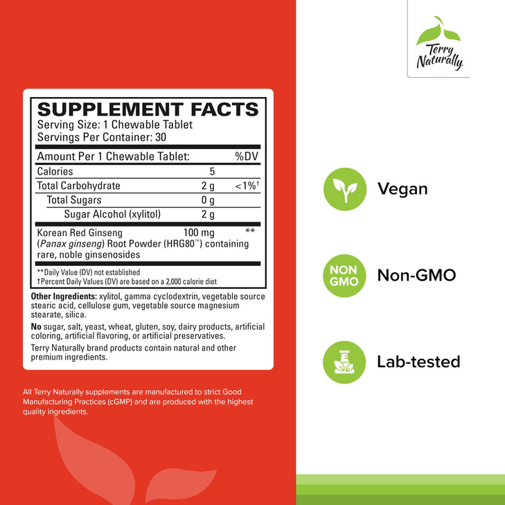 Terry Naturally HRG80 Red Ginseng Energy - Support Healthy Energy & Focus - Herbal Supplement with Korean Red Ginseng Root Powder - Vegan Tablets to