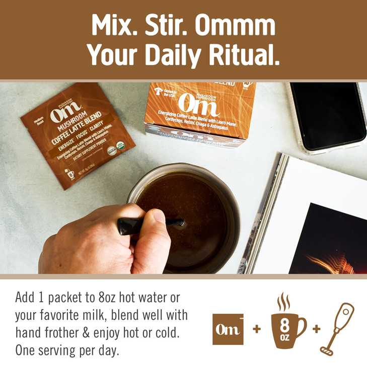 OM MUSHROOM SUPERFOOD Coffee Latte Blend  Functional Mushroom Powder with Lions Mane, Cordyceps, Reishi & Chaga  Energy, Focus & Mental Clarity Su