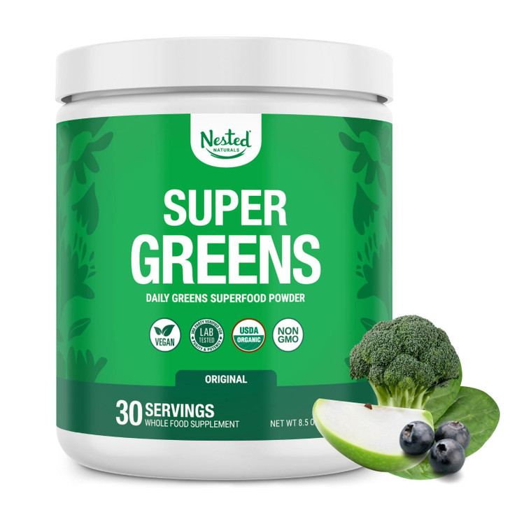 Nested Naturals Super Greens Daily Superfood Powder - Certified USDA Organic Green Powder w/20+ Whole Foods, Spirulina Powder,Wheat & Barley Grass -