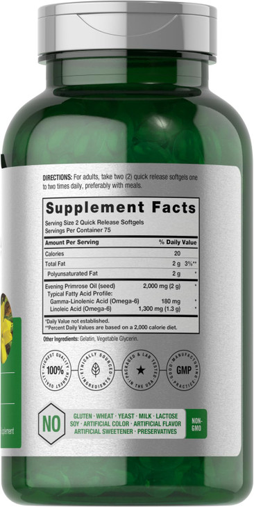 Horbäach Evening Primrose Oil Softgels | 2000 mg | 150 Pills | Cold Pressed, Hexane Free Supplement with GLA | Non-GMO, Gluten Free