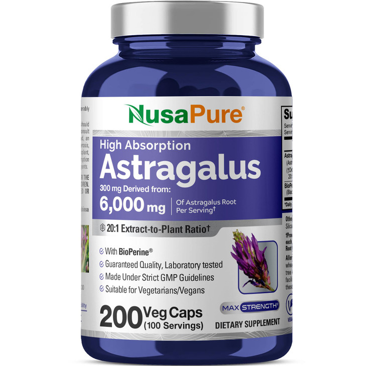 NusaPure Astragalus 20:1 Extract, 300 mg Equivalent to 6,000mg Per Serving, 200 Veggie Capsules, Vegan, Non-GMO & Bioperine