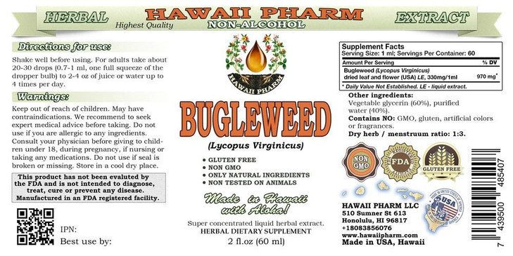 Hawaii Pharm Bugleweed Alcohol-Free Liquid Extract, Organic Bugleweed (Lycopus Virginicus) Dried Leaf and Flower Glycerite Natural Herbal Supplement