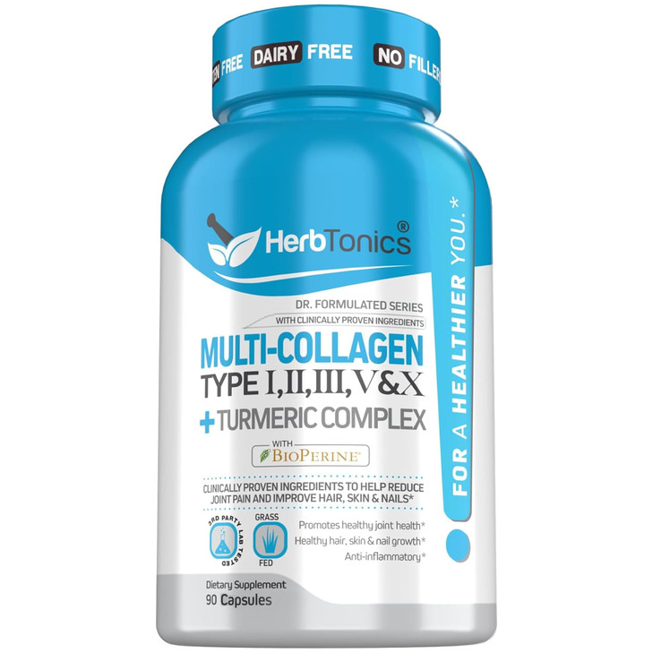 Herbtonics Multi Collagen + Turmeric Complex  Hydrolyzed Multi-Collagen (Types I, II, III, V, X) Capsules with 95% Curcuminoids & BioPerine  Suppor