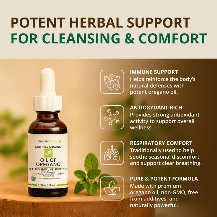 RejuveNaturals Oil of Oregano, USDA Organic - 1 fl oz (30ml Liquid) Wild, Mediterranean Oregano Oil. Concentrated Immune Support Drops. Gluten Free,
