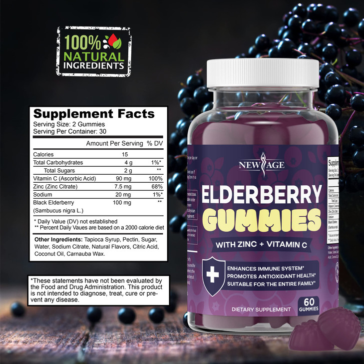 NEW AGE (2-Pack) Premium Elderberry Gummies for Adults Kids with Vitamin C, Zinc, Propolis - Sambucus Black Elderberry Gummy Extract - Gluten Free &