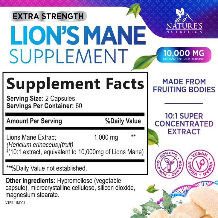 Lions Mane Mushroom Capsules 10,000mg - Lions Mane Supplement Capsules for Memory and Focus Support, Brain, Immune Health Support, Vegan, Bottled in