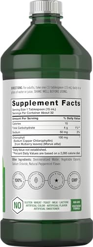 Horbäach Chlorophyll Liquid Drops | 100mg | 32 oz (2 x 16 oz Bottles) | Natural Peppermint Flavor | Vegetarian, Non-GMO, Gluten Free Supplement
