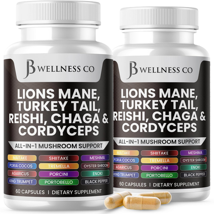 JB Wellness Co Lions Mane Supplement Cognitive Support, Immune Health with Turkey Tail 20in1 Mushroom Reishi Cordyceps Chaga with Marshmallow Root -