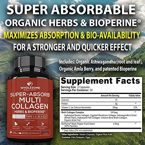 Wholesome Wellness Super-Absorb Multi Collagen Pills (Type I II III V X) Organic Herbs & Bioperine - Hair, Skin, Nails - Hydrolyzed Peptides Protein