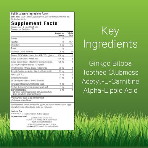 Irwin Naturals Ginkgo Smart Maximum Focus & Memory  Brain Supplement with Ginkgo Biloba, Acetyl-L-Carnitine, DMAE  Liquid Soft-Gels with BioPerine®