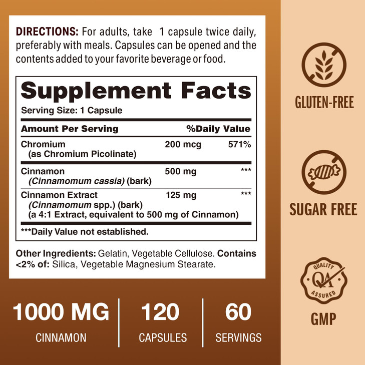 Vitamin World Cinnamon Complex with Chromium, Cinnamon Supplements with High-Potency Chromium for Healthy Metabolism & Antioxidant Protection, 120 Ca