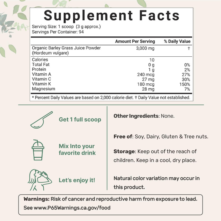 Micro Ingredients Organic Barley Grass Juice Powder, 10 Ounce, Cold Pressed, US Grown, Immune Vitamin, Fibers, Minerals, Antioxidants and Protein, Ve