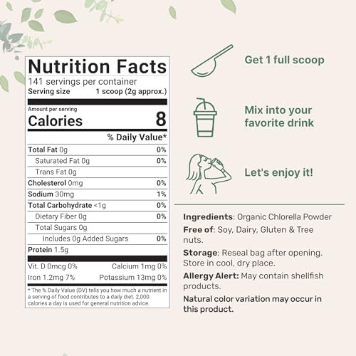 Organic Chlorella Powder, 10 Ounce, Broken Cell Wall, Rich in Vegan Proteins & Vitamins, Raw, Bulk Premium Chlorella Supplement, Vegan Friendly, Non-