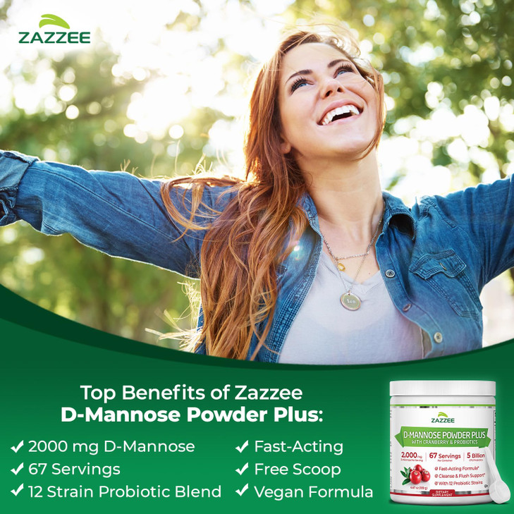 Zazzee D-Mannose Powder Plus, 2000 mg, 67 Servings, Plus 5 Billion CFU Probiotics and Pure Cranberry Juice Extract, Certified Kosher, Free Scoop, 6.6