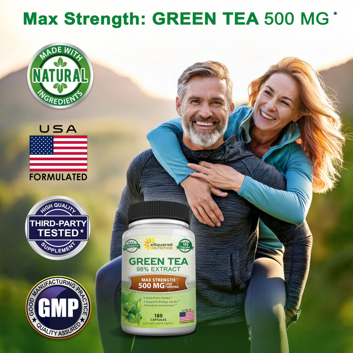 aSquared Nutrition Green Tea Extract with EGCG  180 Capsules  500mg per Capsule  75% Polyphenols, 45% EGCG  Antioxidant Support, Heart Health, Na