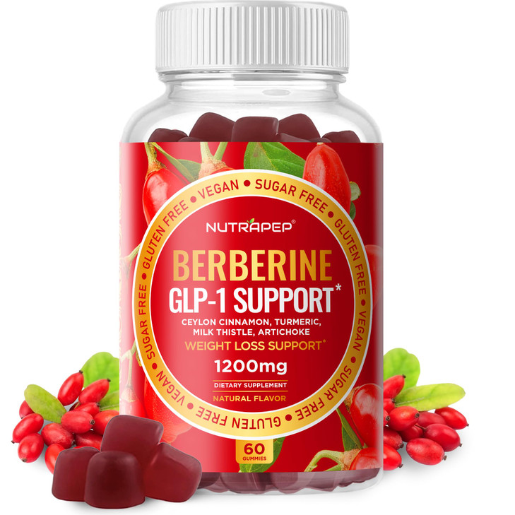 NutraPep Premium Berberine HCl GLP-1 Support Weight Loss Gummies (1200mg) with Ceylon Cinnamon Turmeric Milk Thistle Artichoke - Sugar Free Gluten Fr