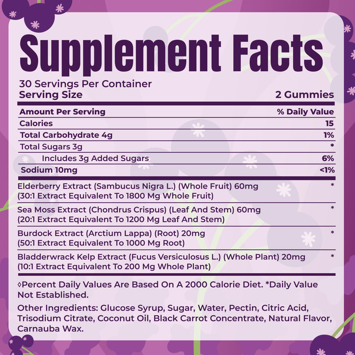 TrueSeaMoss Sea Moss Elderberry Gummies for Adults & Kids  with Burdock Root, Bladderwrack & Magnesium  60 Gummies (Pouch May Vary)