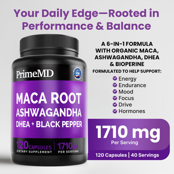 6-in-1 Organic Maca Root Ashwagandha Capsules 1710mg with DHEA and Black Pepper Fruit Extract for Women and Men - Black Maca Supplement for Stamina,