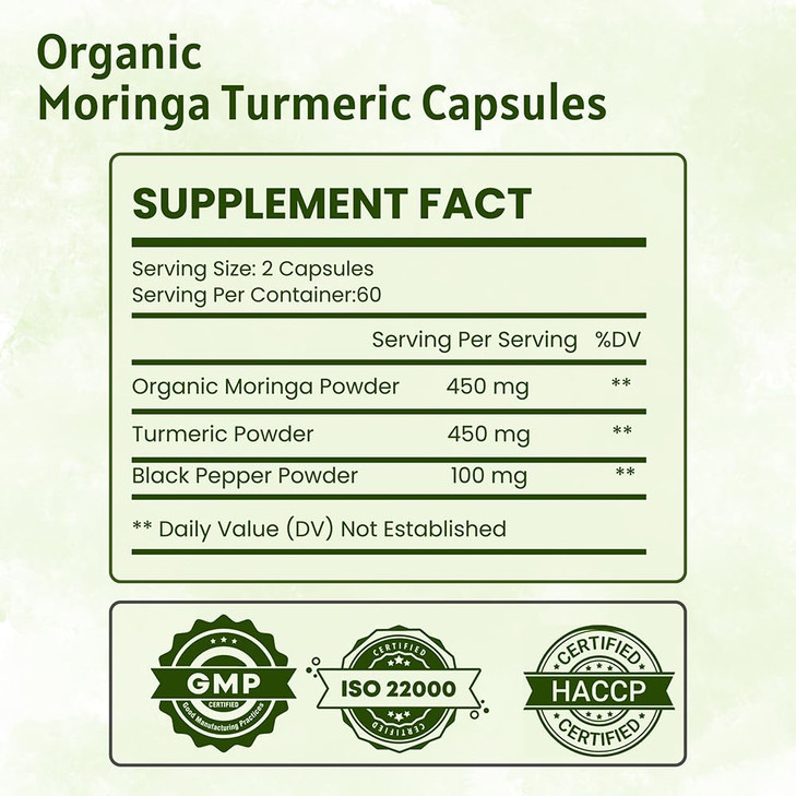 Organic Moringa Oleifera Powder & Turmeric Root Powder with Blackpepper 120 Capsules | Made with Organic Moringa, Turmeric and Black Pepper | Vegan,