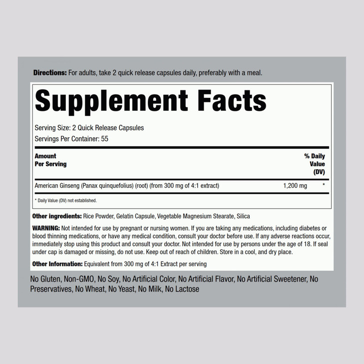 Piping Rock American Ginseng Capsules | 110 Pills | Root Extract Supplement | Panax Quinquefolius | Non-GMO, Gluten Free