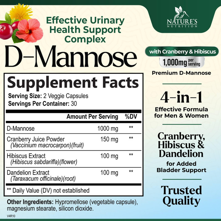 Nature's Nutrition D-Mannose Supplement 1,350 mg with Cranberry & Hibiscus - Urinary Tract Health Support, for Women and Men, Non-GMO, Vegan, 60 Caps