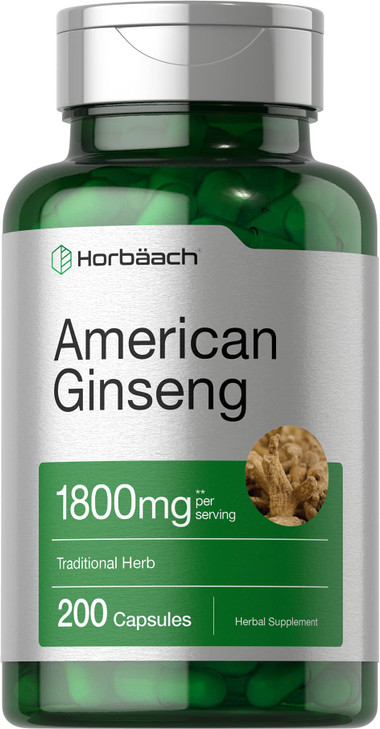 Horbäach American Ginseng Capsules | 200 Count | Non-GMO, Gluten Free Supplement | Ginseng Root Extract Complex