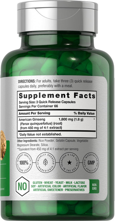 Horbäach American Ginseng Capsules | 200 Count | Non-GMO, Gluten Free Supplement | Ginseng Root Extract Complex