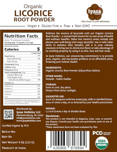 Iyasa Holistics Licorice Root Powder 4 oz - USDA Certified Organic Licorice Root Glycyrrhiza Glabra & Mulethi - Digestive & Adrenal Support, Natural