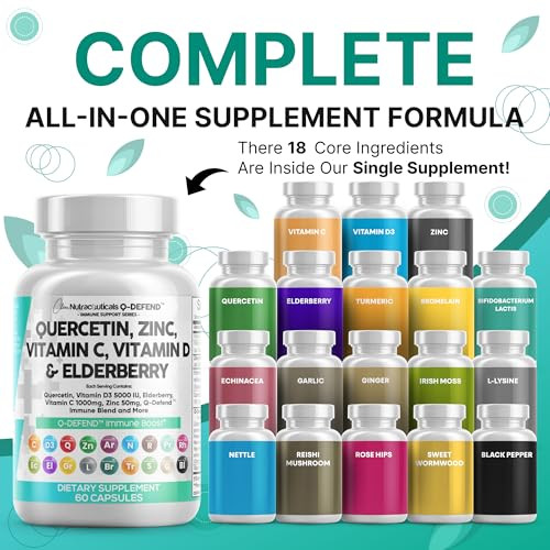 Q Defend Quercetin Supplement with Zinc Vitamin C Vitamin D Elderberry Turmeric Black Pepper Garlic Ginger Sea Moss Lysine Stinging Nettle Reishi Mus