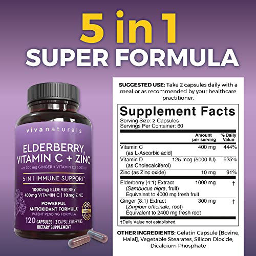 Viva Naturals Elderberry with Vitamin C and Zinc for Adults - 5 in 1 Sambucus Black Elderberry Capsules with Vitamin D3 5000 IU Immunity Supplement,