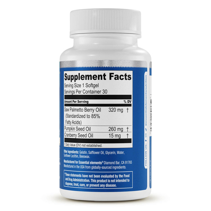 Essential Elements Saw Palmetto Plus - Promotes Bladder & Urinary Health - Prostate Support Supplement for Men with Pumpkin & Cranberry Seed Oil - 30