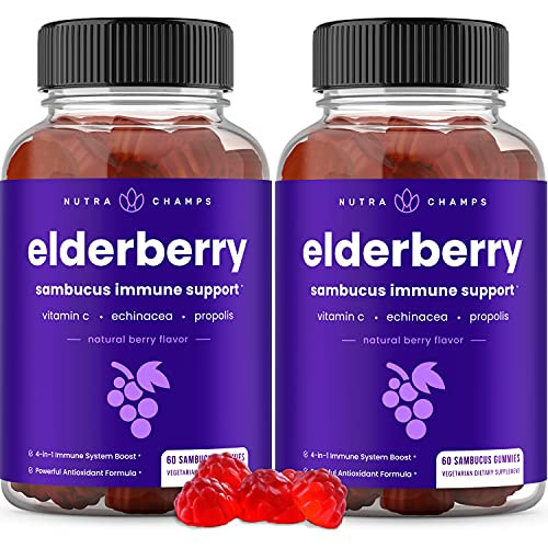 NutraChamps Elderberry Gummies, Sambucus Elderberry Gummies for Adults & Kids, Vitamin C, Propolis & Echinacea, Max Strength Immune Support Gummies,