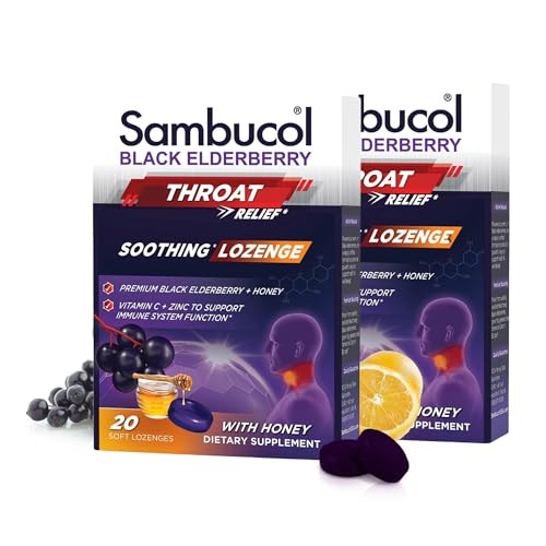 Sambucol Black Elderberry Throat Lozenge - Sore Throat Drops with Black Elderberry, Honey, Vitamin C & Zinc, Sore Throat Relief for Adults & Kids, So