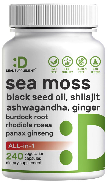 DEAL SUPPLEMENT Irish Sea Moss 7000mg Per Serving, 240 Veggie Capsules  14 Superfood Complex  3000mg Black Seed Oil, 2000mg Ashwagandha, 600mg Ging