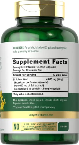 Carlyle St John's Wort Capsules | 300 Count | Non-GMO & Gluten Free Supplement | Standardized Extract