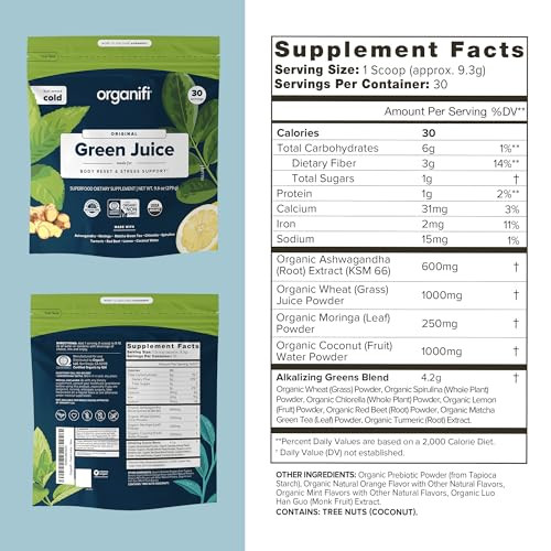 Organifi Green Juice - Powder Supplement with Organic Spirulina, Ashwagandha, and Chlorella - Helps Achieve Fitness Goals and Reduce Cortisol Levels