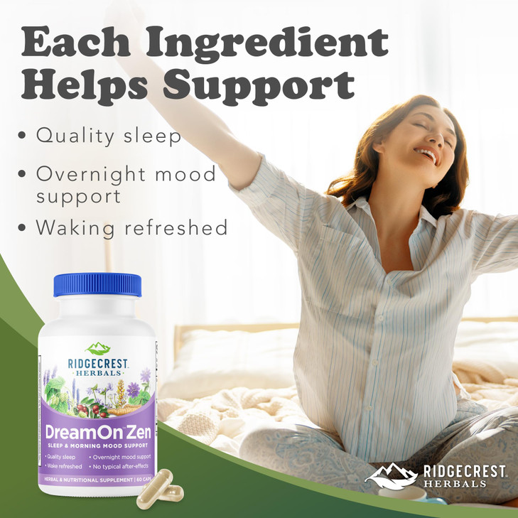 Ridgecrest Herbals DreamOn Zen, Sleep Support Supplement, Melatonin Free, Magnesium, 5-HTP, Lavender, Chamomile, Valerian, Lemon Balm for Adults and
