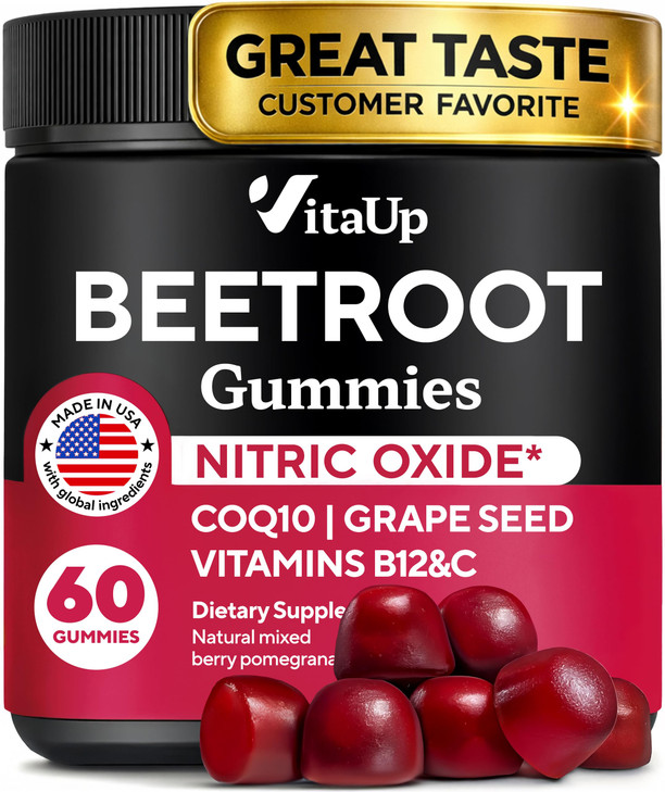 VitaUp Beet Root Gummies  Beetroot Supplement with CoQ10, Grape Seed, Vitamin C, B12 & B3  Nitric Oxide Gummies for Circulation Support  Beet Supp