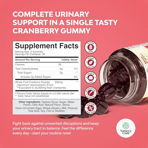 Natural Cranberry Gummies for Women and Men - Extra Strength Delicious Antioxidant Cranberry Chews for Urinary Tract Health Kidney Support Bladder &