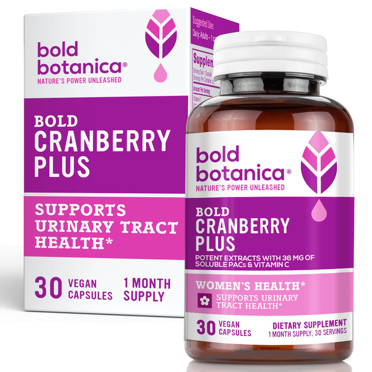 Bold Cranberry Plus Capsules - 100% Soluble 36mg PACs - Cranberry Pills for Women & Men with Urinary Tract Support, Non-GMO Vitamin C  30 Vegan Caps