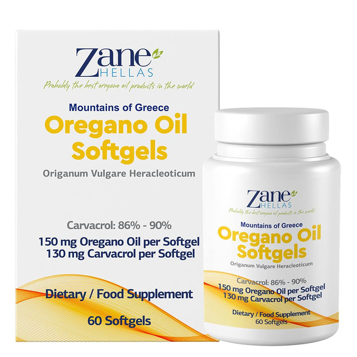 Zane Hellas 130 mg Carvacrol - 150 mg Oregano Oil per Softgel. World Highest Concentration Oregano Oil Capsule. Softgel Contains 30% Greek Essential