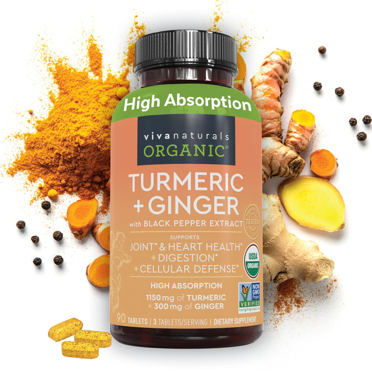 Organic Turmeric and Ginger Supplement with Black Pepper Extract for Better Absorption - High Potency 150 mg of Turmeric Standardized to 95% Curcumin