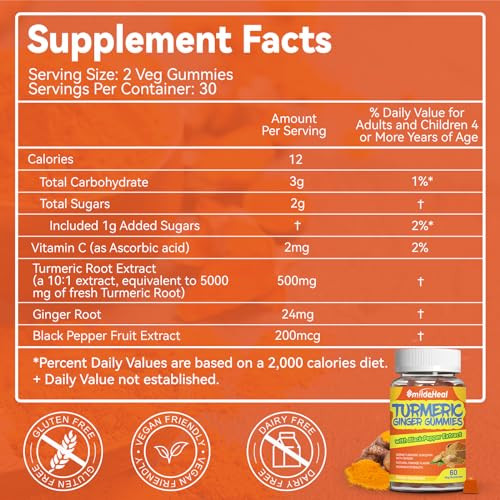 Turmeric Curcumin Gummies 500mg, with Turmeric Root Extract, Ginger Root, Black Pepper Extract, Antioxidant Support, Orange Flavor Gummies, 60 Count