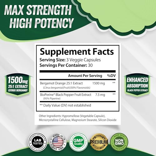 Citrus Bergamot Supplement 1500mg - 25:1 Bergamot Extract to Support Overall Health, Immune System, Potent Antioxidant High Absorption Natural Vegan