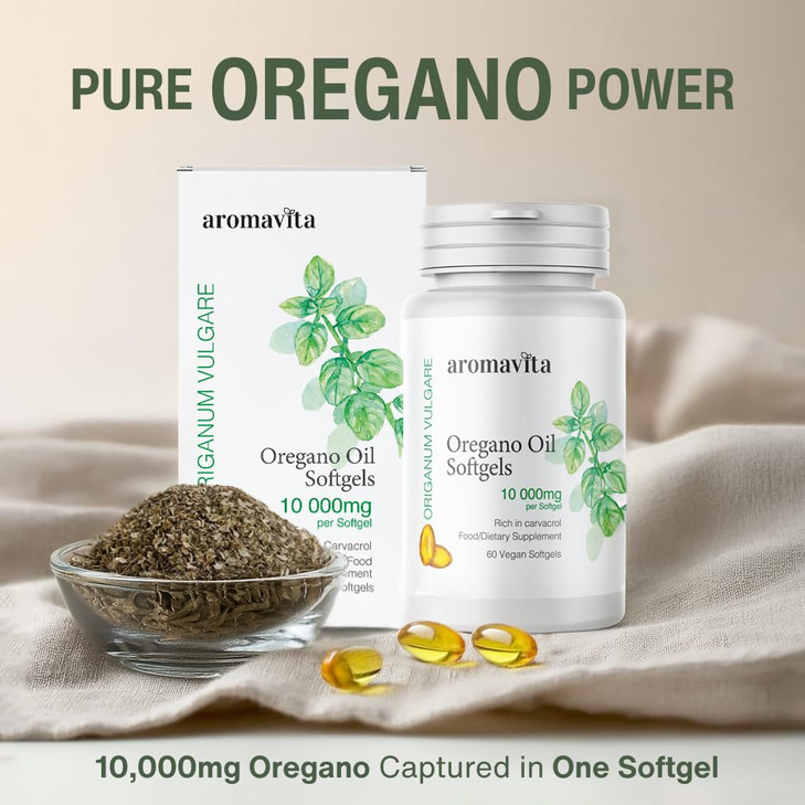 AROMAVITA Oregano Oil Capsules -10 000 mg  Extra Strength 8690% Natural Carvacrol  Possibly The Most Potent Oregano Capsule  Immune Support, Dige