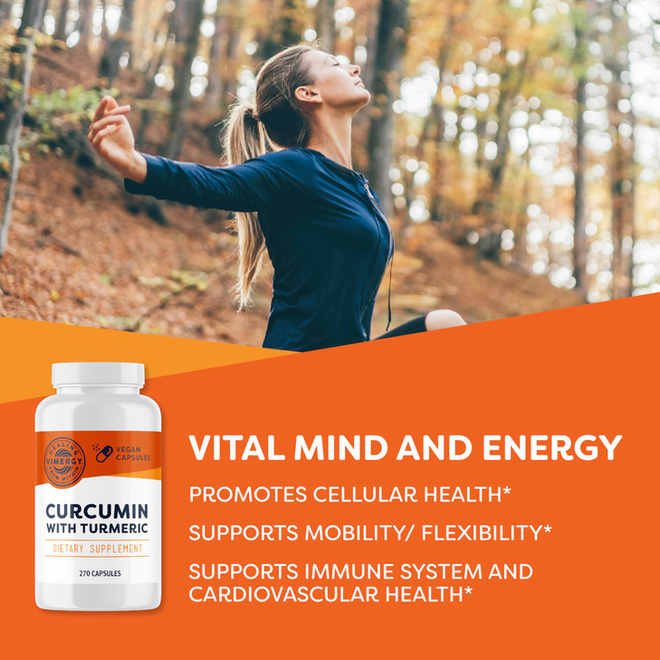 Vimergy Curcumin with Turmeric Capsules  Promotes Bone Health & Mobility*  Supports Memory & Brain Function*  Kosher, Vegan & Gluten-Free  (270 c