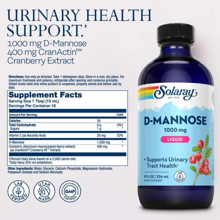 SOLARAY D-Mannose 1000 mg Liquid Formula with CranActin Cranberry Extract - D Mannose Cranberry Supplement for Women & Men, Urinary Tract & Bladder H